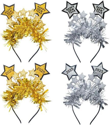 2 PCS Happy New Year Headbands Tiara for Women Men, Glitter Sequins Stars Headband Gold Tassel Hair Accessories Holiday Head Boppers for 2025 New Year Eve Party Favors Decor in Kuwait