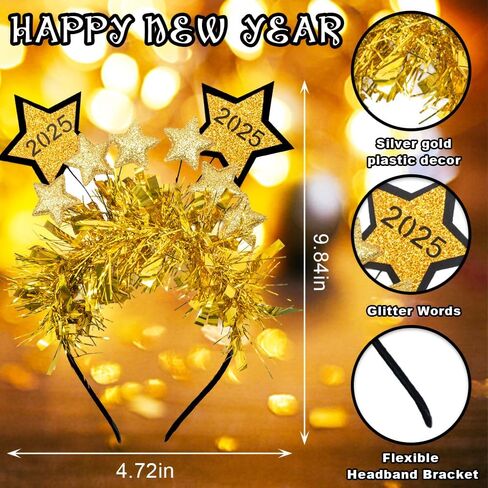2 PCS Happy New Year Headbands Tiara for Women Men, Glitter Sequins Stars Headband Gold Tassel Hair Accessories Holiday Head Boppers for 2025 New Year Eve Party Favors Decor in Kuwait