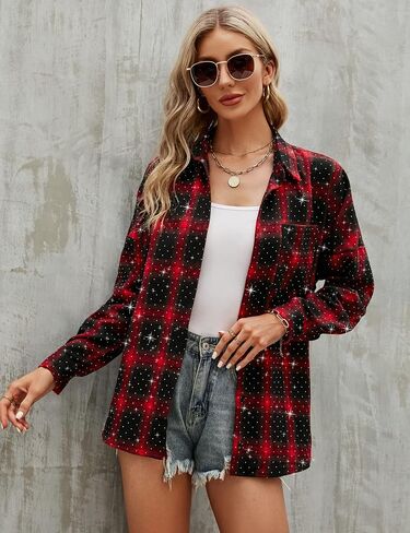 Blooming Jelly Womens Plaid Blouses Collared Long Sleeve Button Down Tops Business Casual Shirt Jacket in Saudi Arabia