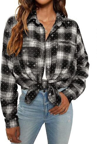 Blooming Jelly Womens Plaid Blouses Collared Long Sleeve Button Down Tops Business Casual Shirt Jacket in Saudi Arabia