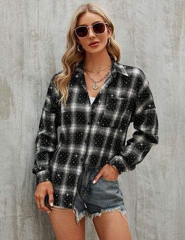 Blooming Jelly Womens Plaid Blouses Collared Long Sleeve Button Down Tops Business Casual Shirt Jacket in Saudi Arabia