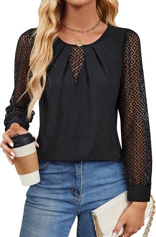 BMJL Women's Dressy Casual Tops Lace Long Sleeve T Shirts Business Work Blouses Crew Neck Pleated Fall Shirts in Saudi Arabia