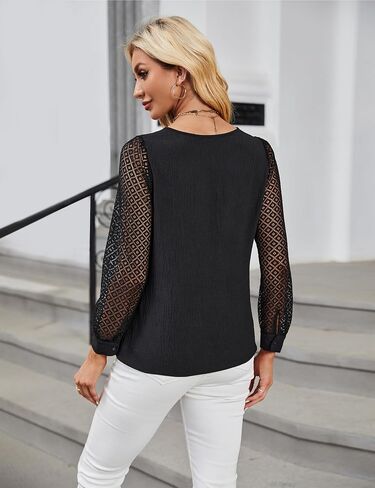 BMJL Women's Dressy Casual Tops Lace Long Sleeve T Shirts Business Work Blouses Crew Neck Pleated Fall Shirts in Saudi Arabia