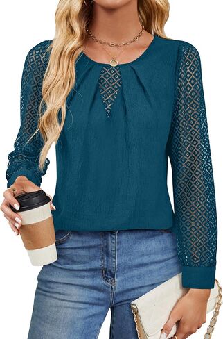BMJL Women's Dressy Casual Tops Lace Long Sleeve T Shirts Business Work Blouses Crew Neck Pleated Fall Shirts in Saudi Arabia