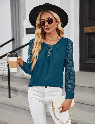 BMJL Women's Dressy Casual Tops Lace Long Sleeve T Shirts Business Work Blouses Crew Neck Pleated Fall Shirts in Saudi Arabia