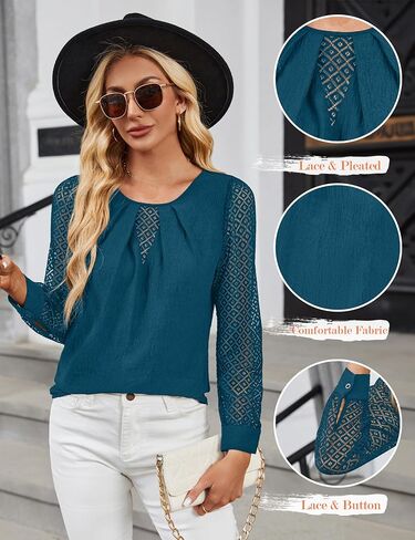 BMJL Women's Dressy Casual Tops Lace Long Sleeve T Shirts Business Work Blouses Crew Neck Pleated Fall Shirts in Saudi Arabia