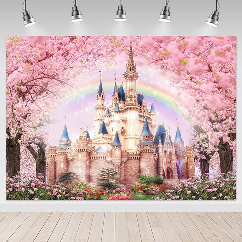 Mocsicka Princess Castle Backdrop 7x5ft Floral Castle Pink Sakura Forest Rainbow Flowers Floral Fantasy Fairy Tale Wonderland Background Wedding Birthday Party Princess Photo Studio Props in Saudi Arabia