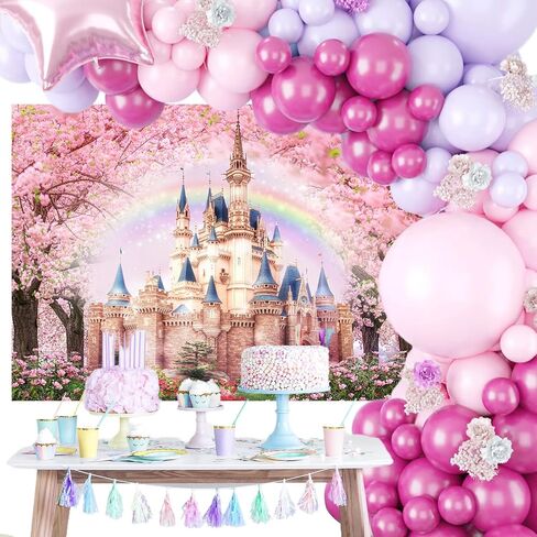 Mocsicka Princess Castle Backdrop 7x5ft Floral Castle Pink Sakura Forest Rainbow Flowers Floral Fantasy Fairy Tale Wonderland Background Wedding Birthday Party Princess Photo Studio Props in Saudi Arabia