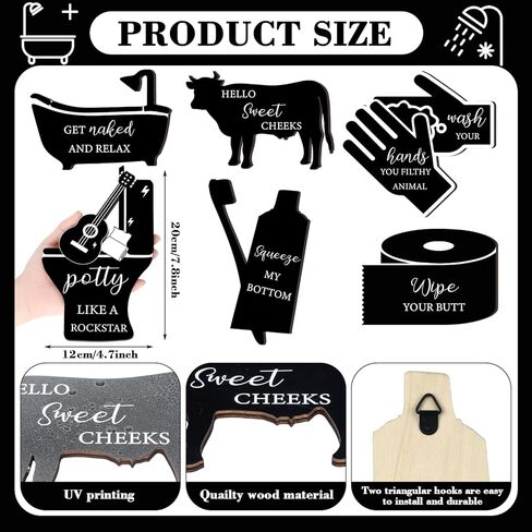 6 قطع من علامات الحمام الخشبية القديمة من Wenqik، ديكور جداري، فرشاة غسيل، لافتات مضحكة، أقوال مضحكة، صور حمام للجدار، حمام ريفي، مزرعة، لافتات معلقة لمرحاض الغسيل المنزلي، أسود in Kuwait