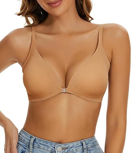 Push Up Bra Front Closure Bras for Women Comfort No Underwire Low Cut V-Neck Bralette Seamless Padded Nude Bra in Kuwait
