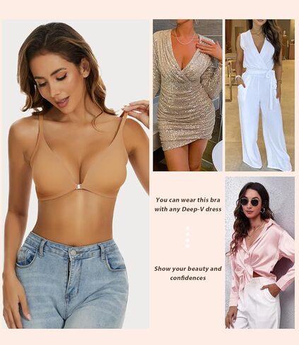 Push Up Bra Front Closure Bras for Women Comfort No Underwire Low Cut V-Neck Bralette Seamless Padded Nude Bra in Kuwait