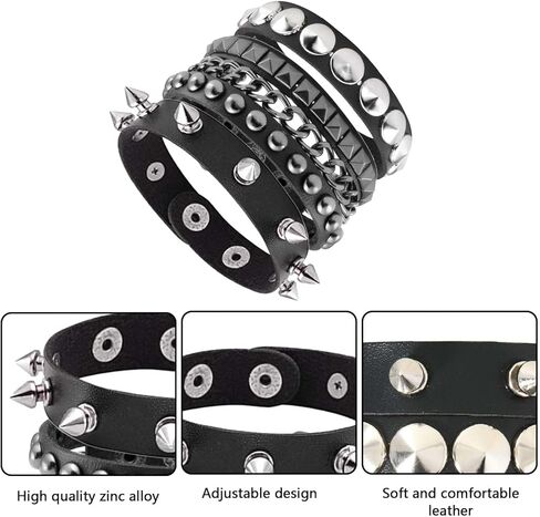 3 قطع من أساور البانك روك، أساور قوطية، أساور مرصعة بالجلد الصخري، سوار مرصع قابل للتعديل، مجموعة سوار معصم 80s للرجال والنساء، سوار من الجلد الصخري، إكسسوارات مجوهرات روك بانك in Kuwait