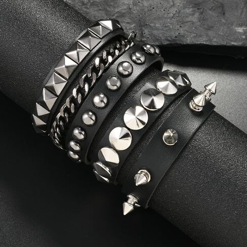 3 قطع من أساور البانك روك، أساور قوطية، أساور مرصعة بالجلد الصخري، سوار مرصع قابل للتعديل، مجموعة سوار معصم 80s للرجال والنساء، سوار من الجلد الصخري، إكسسوارات مجوهرات روك بانك in Kuwait