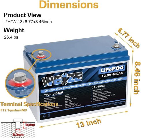 Weize 12V 100Ah LiFePO4 Lithium Battery, Built-in Smart BMS, Low Temperature Protection Group 31 Deep Cycle Battery for Trolling Motor, RV, Solar, Marine, Camping and Off Grid Applications in Saudi Arabia