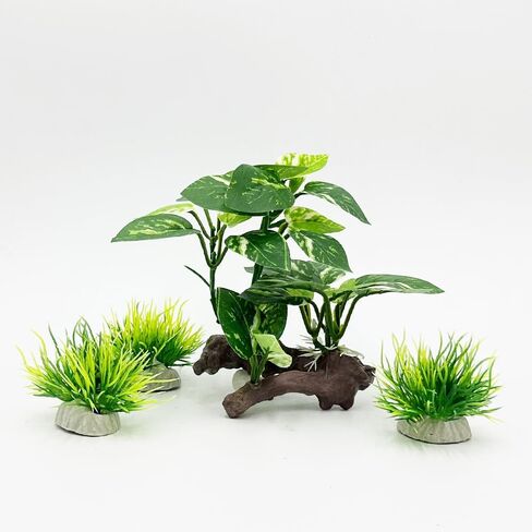 Smoothedo-Pets Fish Tank Decor Aquarium Decorations Ornaments Betta Leaf pad Hammock Plastic Artificial Plant Goldfish Fish Hides Small Tank/Reptiles Plants Driftwood (Green-Type-A-Set) in Saudi Arabia
