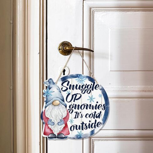 CGBHW Winter Snowflake Snowman Gnome Wooden Sign, Winter Wreath Christmas Holiday Vavy Blue Decoration Hanging Sign Wall Decor, Snuggle up Gnomies It’s Cold Outside Home Door Decor 12 x 12 Inch in Kuwait