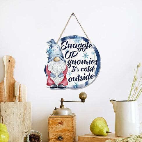 CGBHW Winter Snowflake Snowman Gnome Wooden Sign, Winter Wreath Christmas Holiday Vavy Blue Decoration Hanging Sign Wall Decor, Snuggle up Gnomies It’s Cold Outside Home Door Decor 12 x 12 Inch in Kuwait