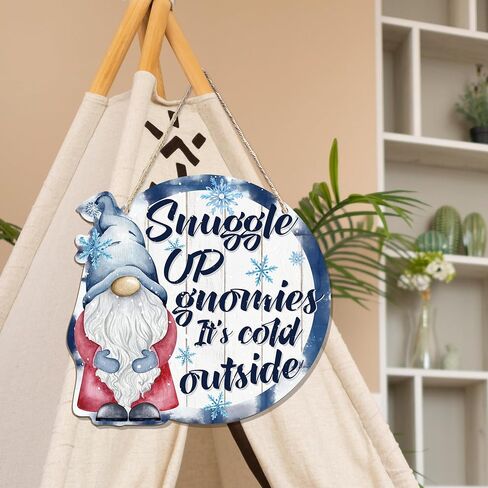 CGBHW Winter Snowflake Snowman Gnome Wooden Sign, Winter Wreath Christmas Holiday Vavy Blue Decoration Hanging Sign Wall Decor, Snuggle up Gnomies It’s Cold Outside Home Door Decor 12 x 12 Inch in Kuwait