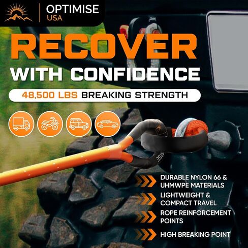 1"x30ft Kinetic Recovery Rope(48,500lbs)-Heavy Duty Tow Strap with Off Road Shovel, 2 Soft Shackles(7/16"x22") & Carry Bag-Offroad Recovery Kit, Recovery Strap, Tow Rope for Truck ATV UTV SUV (Orange) in Saudi Arabia