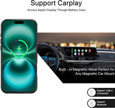 Battery Case for iPhone 16 Pro, 2024 Newest 10000mAh High Capacity Rechargeable Portable Extended Charger Case Wireless Charging Compatible with iPhone 16 Pro (6.3 inch) Charging Case &Carplay (Black) in Kuwait