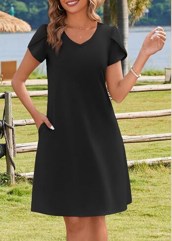 HOTOUCH Womens Summer Floral Beach V Neck Dresses Short Sleeve T Shirt Sundresses with Pockets 2025 Hawaiian Vacation in Kuwait