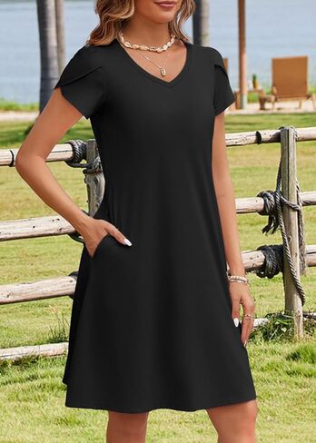 HOTOUCH Womens Summer Floral Beach V Neck Dresses Short Sleeve T Shirt Sundresses with Pockets 2025 Hawaiian Vacation in Kuwait