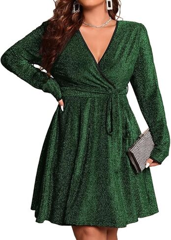 RED DOT BOUTIQUE Plus Size Long Sleeves Wrapped V Neck Glitter Stretchy A-Line Style Cocktail Evening Club Dress in Saudi Arabia
