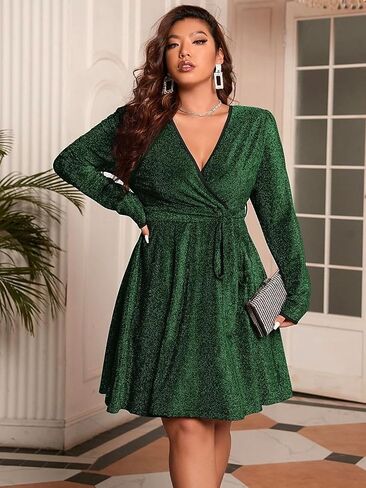 RED DOT BOUTIQUE Plus Size Long Sleeves Wrapped V Neck Glitter Stretchy A-Line Style Cocktail Evening Club Dress in Saudi Arabia