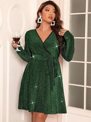 RED DOT BOUTIQUE Plus Size Long Sleeves Wrapped V Neck Glitter Stretchy A-Line Style Cocktail Evening Club Dress in Saudi Arabia