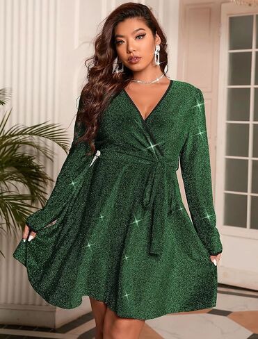 RED DOT BOUTIQUE Plus Size Long Sleeves Wrapped V Neck Glitter Stretchy A-Line Style Cocktail Evening Club Dress in Saudi Arabia