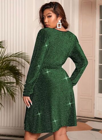 RED DOT BOUTIQUE Plus Size Long Sleeves Wrapped V Neck Glitter Stretchy A-Line Style Cocktail Evening Club Dress in Saudi Arabia