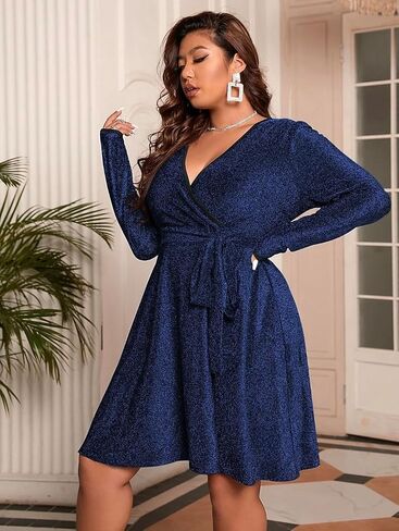 RED DOT BOUTIQUE Plus Size Long Sleeves Wrapped V Neck Glitter Stretchy A-Line Style Cocktail Evening Club Dress in Saudi Arabia