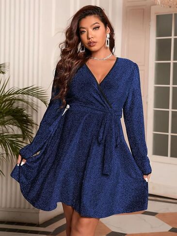 RED DOT BOUTIQUE Plus Size Long Sleeves Wrapped V Neck Glitter Stretchy A-Line Style Cocktail Evening Club Dress in Saudi Arabia