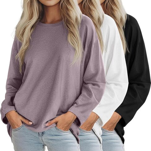 Riyiper 3 Pack Women's Oversized T-Shirt Long Sleeve Fall Tops Crew Neck Casual Loose Basic Tee Outfits Clothes in Saudi Arabia