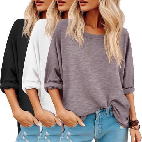 Riyiper 3 Pack Women's Oversized T-Shirt Long Sleeve Fall Tops Crew Neck Casual Loose Basic Tee Outfits Clothes in Saudi Arabia