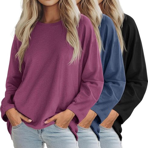 Riyiper 3 Pack Women's Oversized T-Shirt Long Sleeve Fall Tops Crew Neck Casual Loose Basic Tee Outfits Clothes in Saudi Arabia
