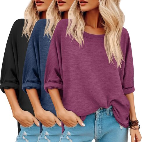 Riyiper 3 Pack Women's Oversized T-Shirt Long Sleeve Fall Tops Crew Neck Casual Loose Basic Tee Outfits Clothes in Saudi Arabia