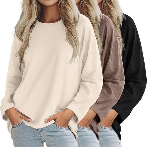 Riyiper 3 Pack Women's Oversized T-Shirt Long Sleeve Fall Tops Crew Neck Casual Loose Basic Tee Outfits Clothes in Saudi Arabia
