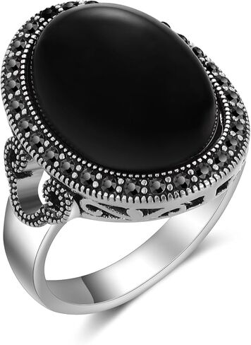 Black Rings for Women Vintage Wide Ring Black Onyx Ring Trendy Cocktail Statement Rings Crystal Retro Marcasite Jewelry in Saudi Arabia