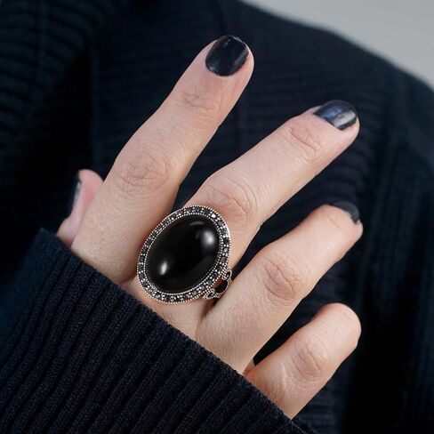Black Rings for Women Vintage Wide Ring Black Onyx Ring Trendy Cocktail Statement Rings Crystal Retro Marcasite Jewelry in Saudi Arabia