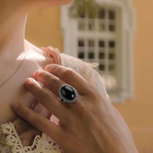 Black Rings for Women Vintage Wide Ring Black Onyx Ring Trendy Cocktail Statement Rings Crystal Retro Marcasite Jewelry in Saudi Arabia