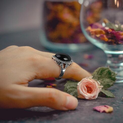 Black Rings for Women Vintage Wide Ring Black Onyx Ring Trendy Cocktail Statement Rings Crystal Retro Marcasite Jewelry in Saudi Arabia