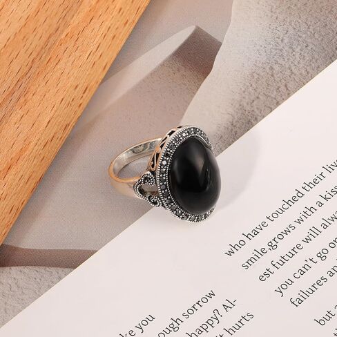 Black Rings for Women Vintage Wide Ring Black Onyx Ring Trendy Cocktail Statement Rings Crystal Retro Marcasite Jewelry in Saudi Arabia