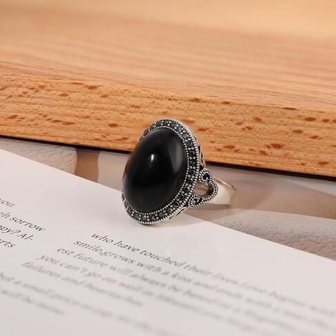 Black Rings for Women Vintage Wide Ring Black Onyx Ring Trendy Cocktail Statement Rings Crystal Retro Marcasite Jewelry in Saudi Arabia