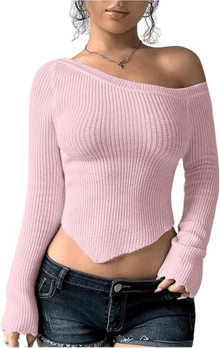 MakeMeChic Women's Off The Shoulder Sweater Y2k Fitted Lightweight Cropped Sweaters Knit Tops in Saudi Arabia