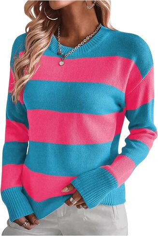 MakeMeChic Women's Striped Sweaters Colorblock Crew Neck Long Sleeve Casual Pullover Tops in Saudi Arabia