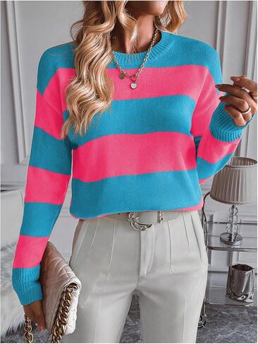 MakeMeChic Women's Striped Sweaters Colorblock Crew Neck Long Sleeve Casual Pullover Tops in Saudi Arabia
