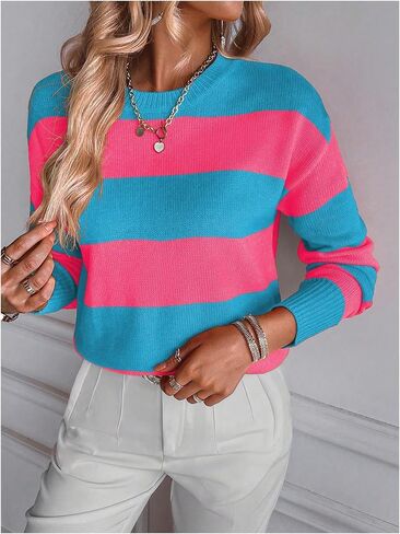 MakeMeChic Women's Striped Sweaters Colorblock Crew Neck Long Sleeve Casual Pullover Tops in Saudi Arabia
