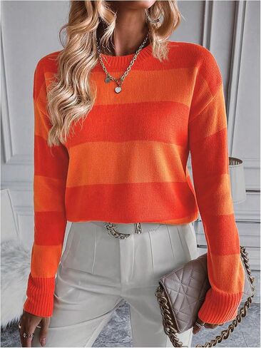 MakeMeChic Women's Striped Sweaters Colorblock Crew Neck Long Sleeve Casual Pullover Tops in Saudi Arabia