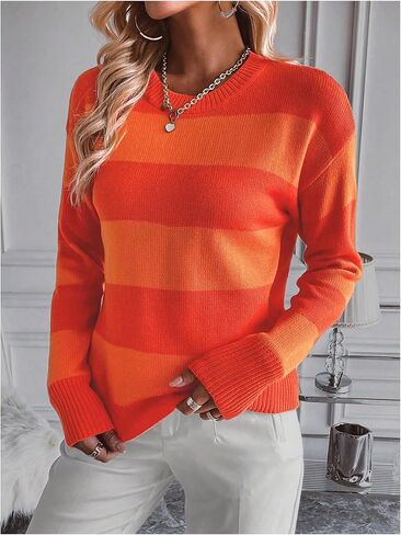 MakeMeChic Women's Striped Sweaters Colorblock Crew Neck Long Sleeve Casual Pullover Tops in Saudi Arabia